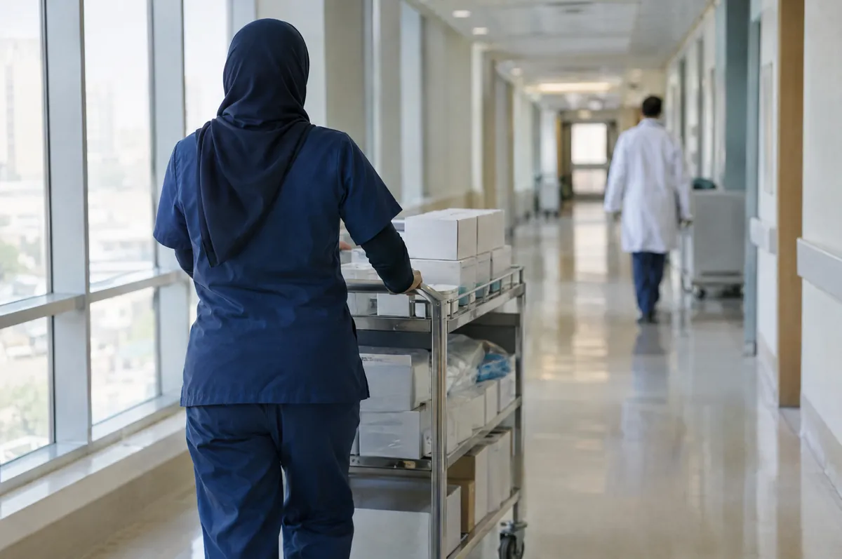 صورة مولّدة بالذكاء الاصطناعي: ممرضة في ممر مستشفى.